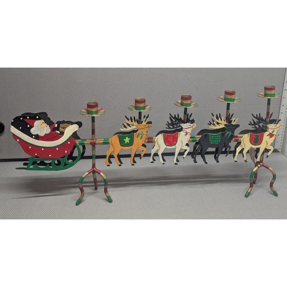 VTG Santa Sleigh Reindeer Metal Candle Stand Christmas Decor Husna Imports 5084